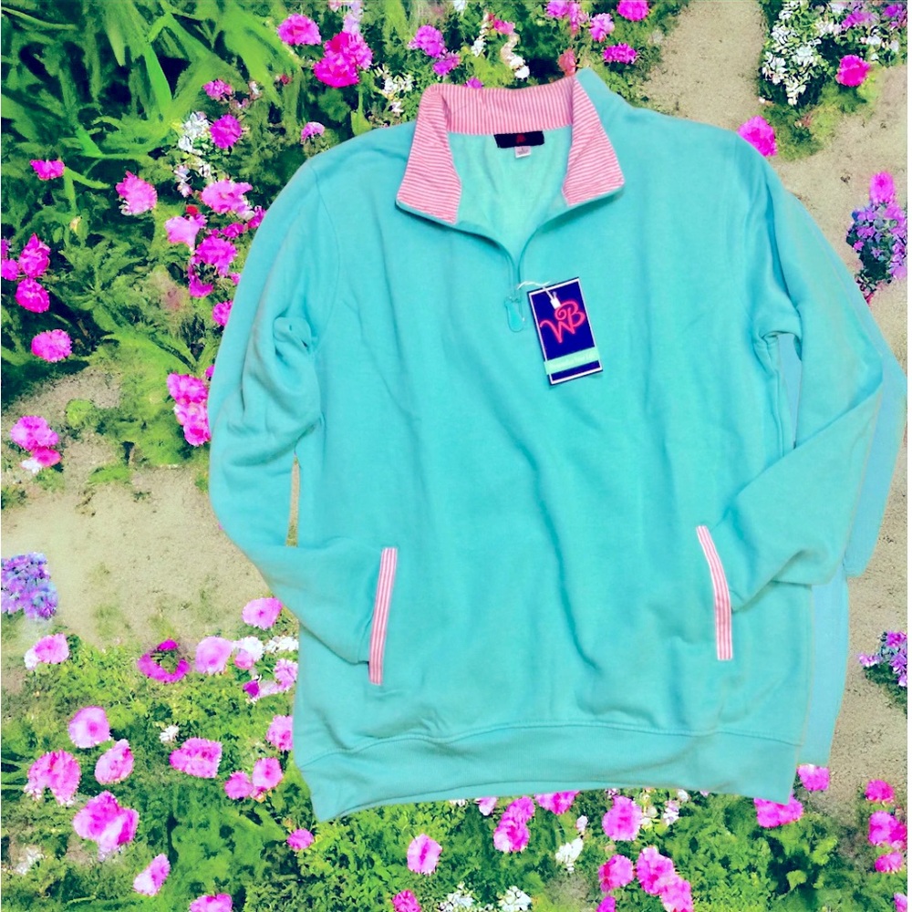 🩵 NWT Super Preppy 1/4 Zip Pullover Seersucker/Gingham Trim Kangaroo pockets XL